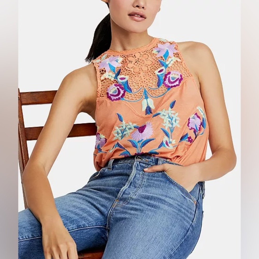 Free People Coral Crochet Neck Floral Embroidered Sleeveless Top